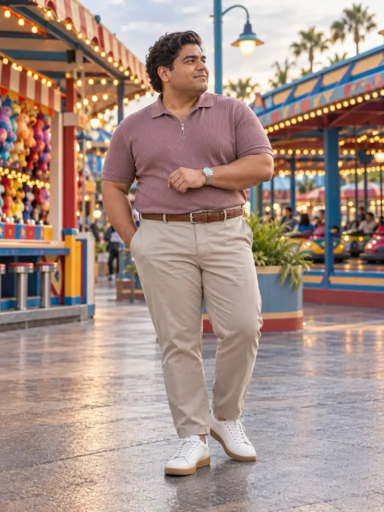 Mauve Zip Polo and Khaki Chinos