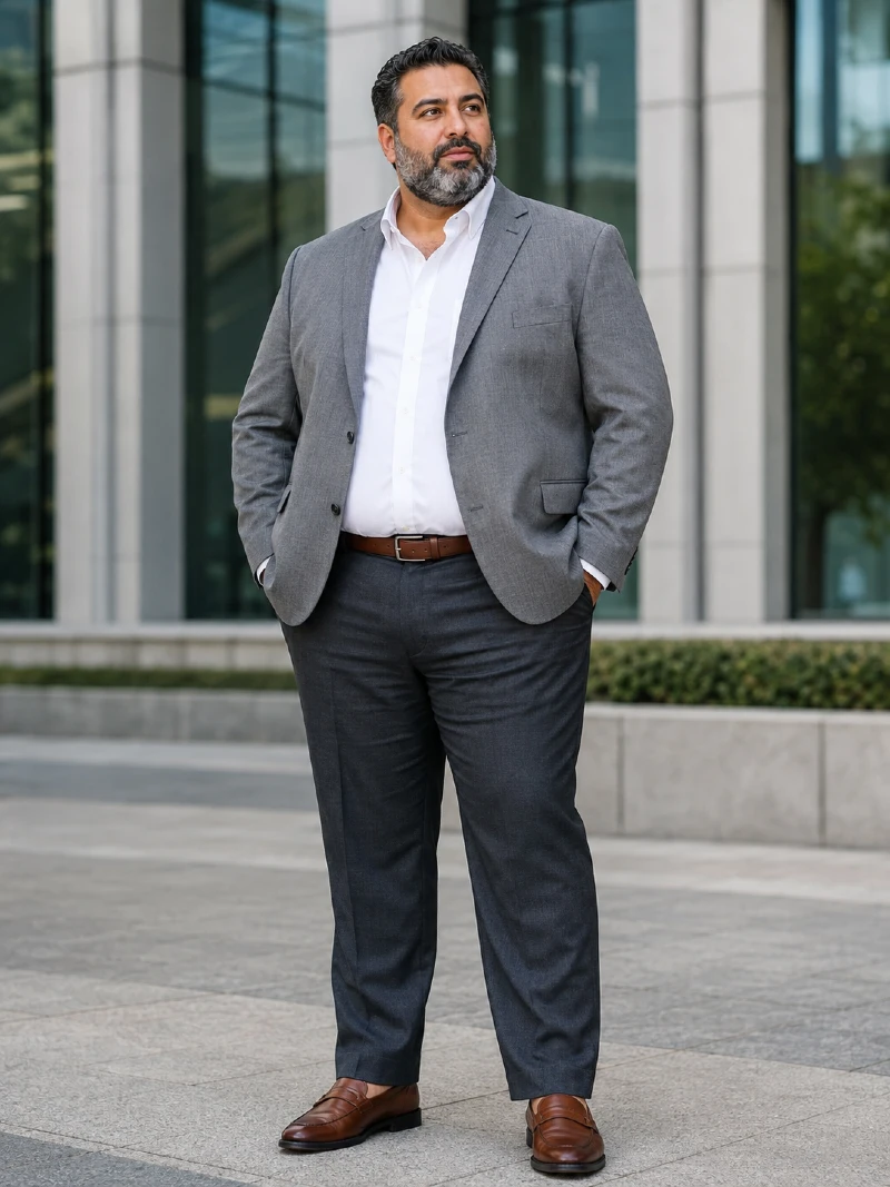 Medium Gray Blazer with White Shirt, Dark Gray Trousers, and Brown Loafers