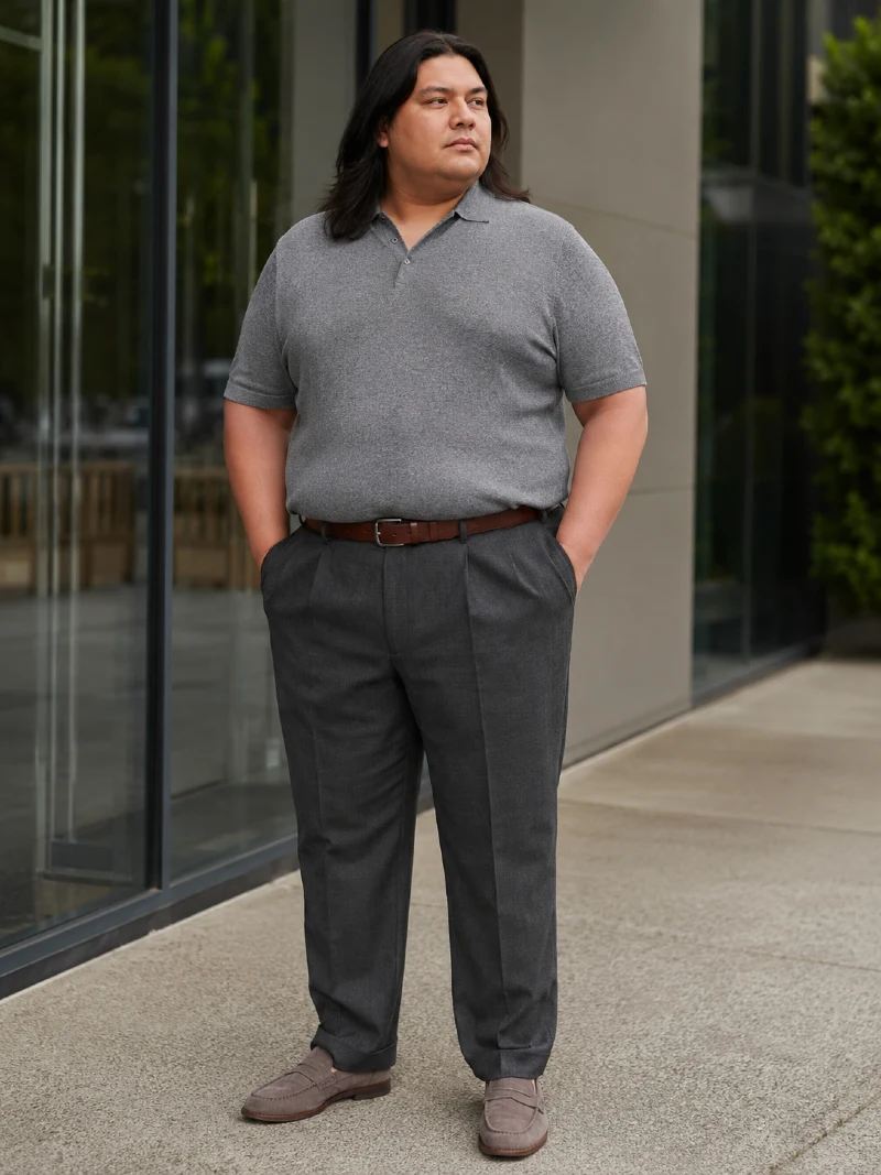 Medium Gray Polo Knit with Dark Gray Pleated Trousers and Suede Loafers