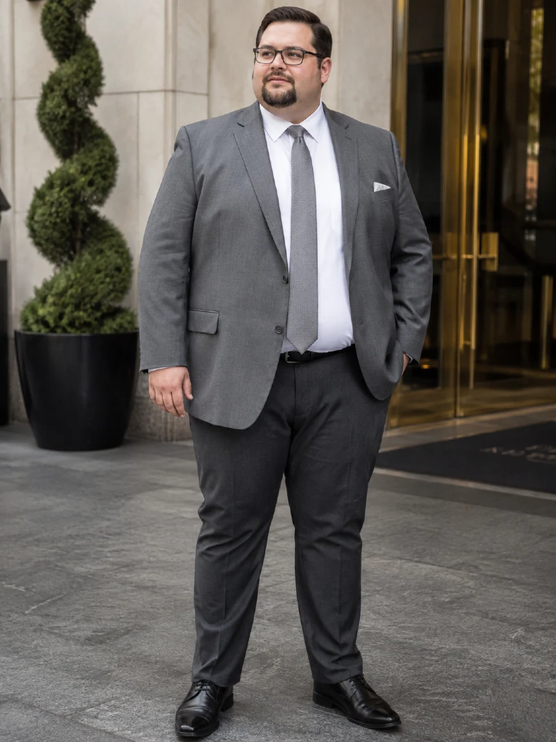 Medium Gray Suit Jacket with White Shirt, Dark Gray Trousers, and Black Dress Shoes