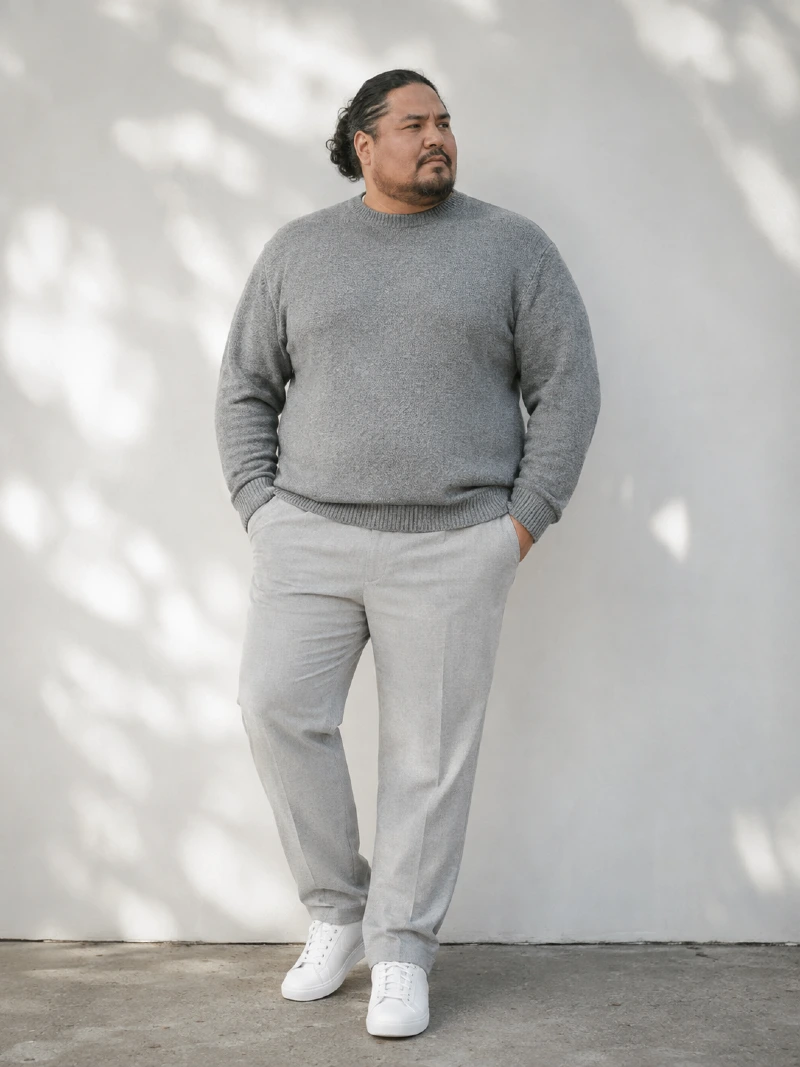 Medium Gray Sweater with Light Gray Trousers and White Sneakers