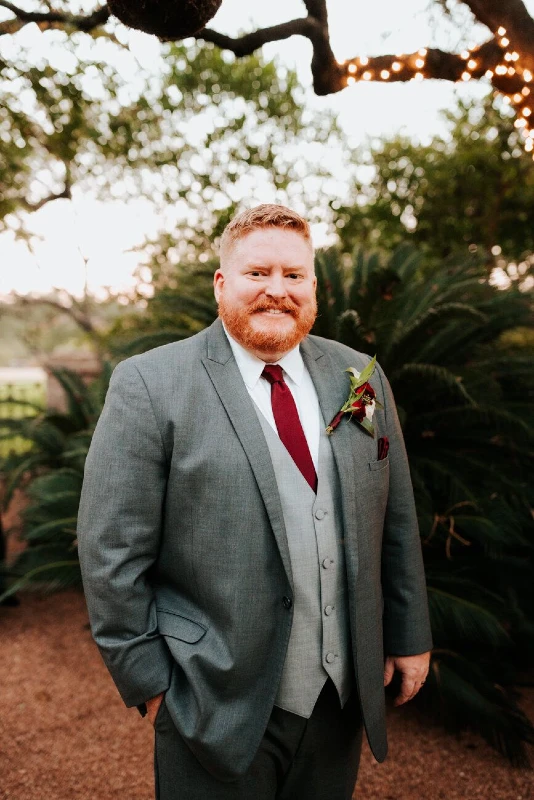 Medium Gray Three Piece Suit With Burgundy Tie