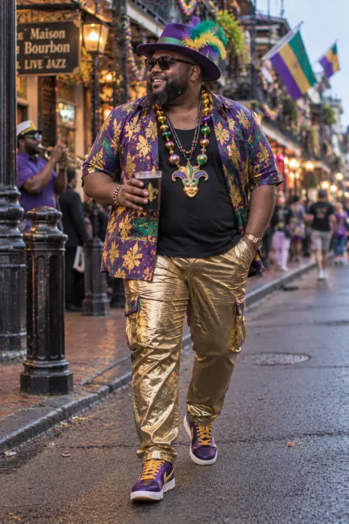 Metallic Gold Cargo Pants Layered Over A Casual Black Tee
