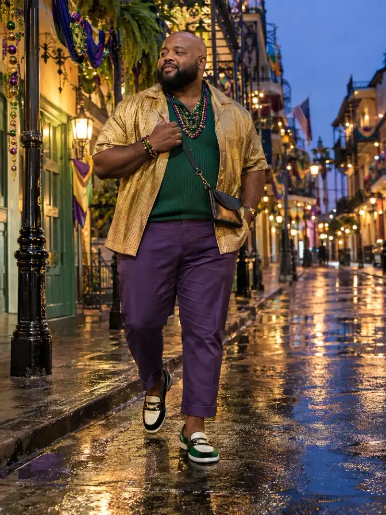 Metallic Gold Shirt Framing A Ribbed Green Polo