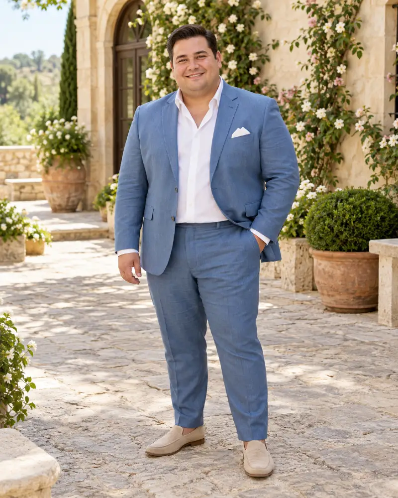 Mid Blue Suit Stone Courtyard Vows