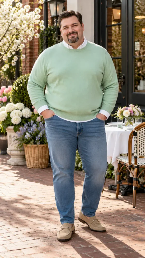 Mint Green Crewneck Over Crisp White Cotton