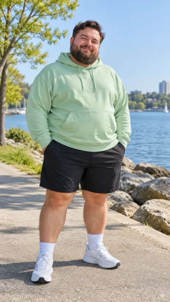Mint Green Hoodie and Dark Athletic Shorts