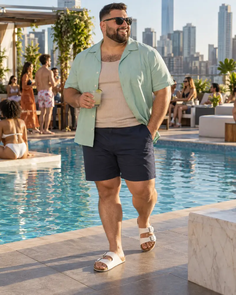 Mint Green Layers Over Deep Navy Trunks