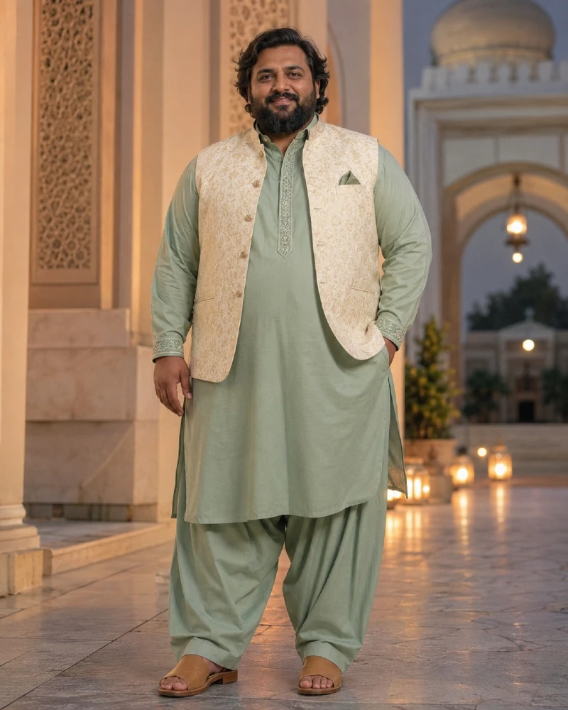Mint Green Shalwar Kameez with Cream Waistcoat