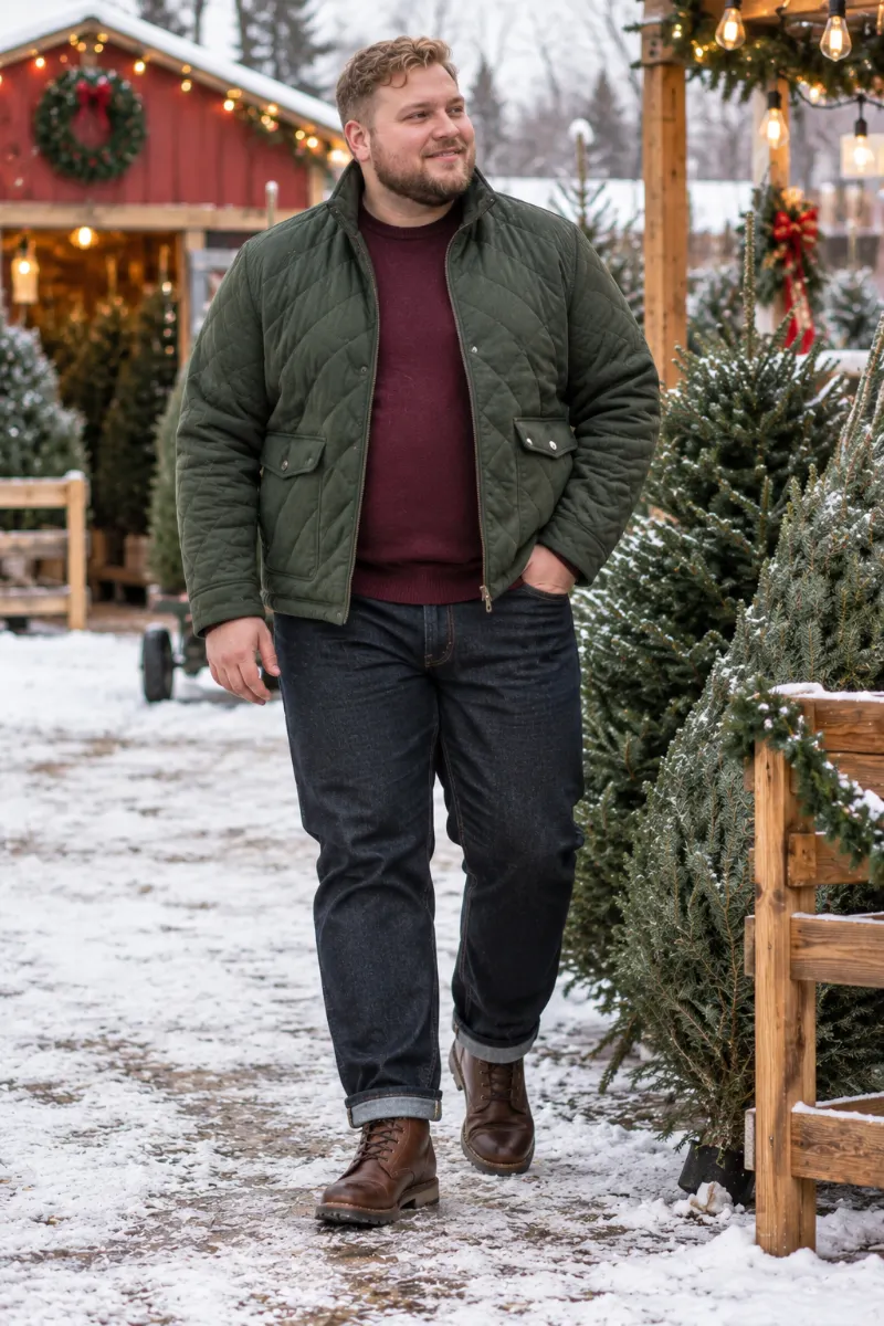 Mix a Green Quilted Jacket With Burgundy