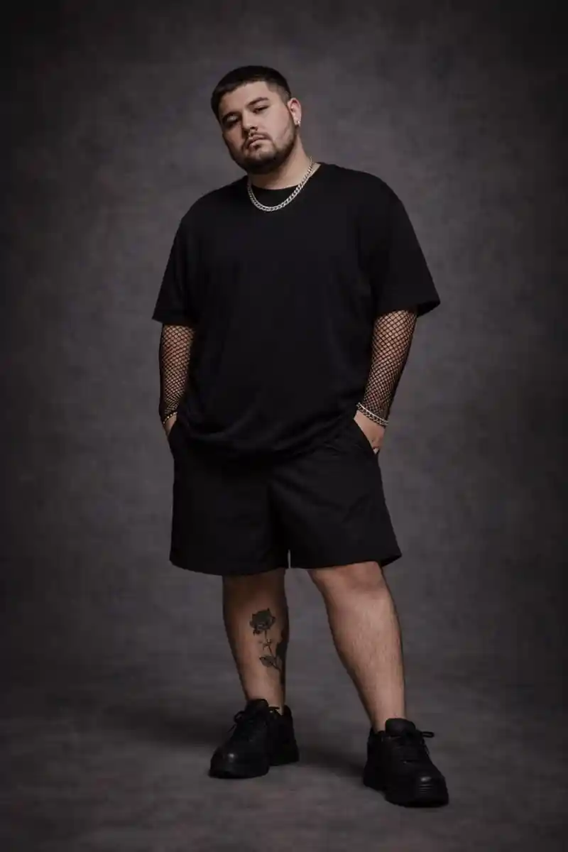 Monochrome Streetwear with Fishnet Layering