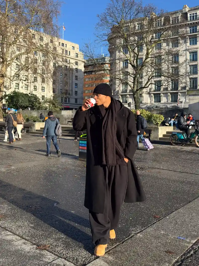 Monochrome Winter Coat and Loose Trousers with Tan Boots