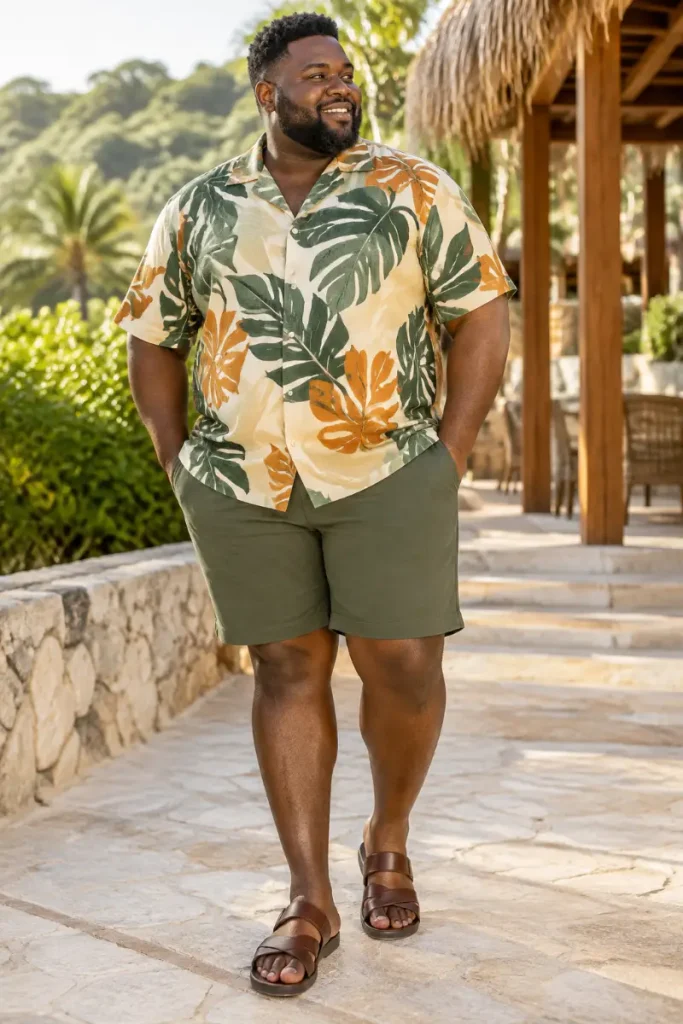 Monstera Leaf Print Shirt with Olive Green Shorts