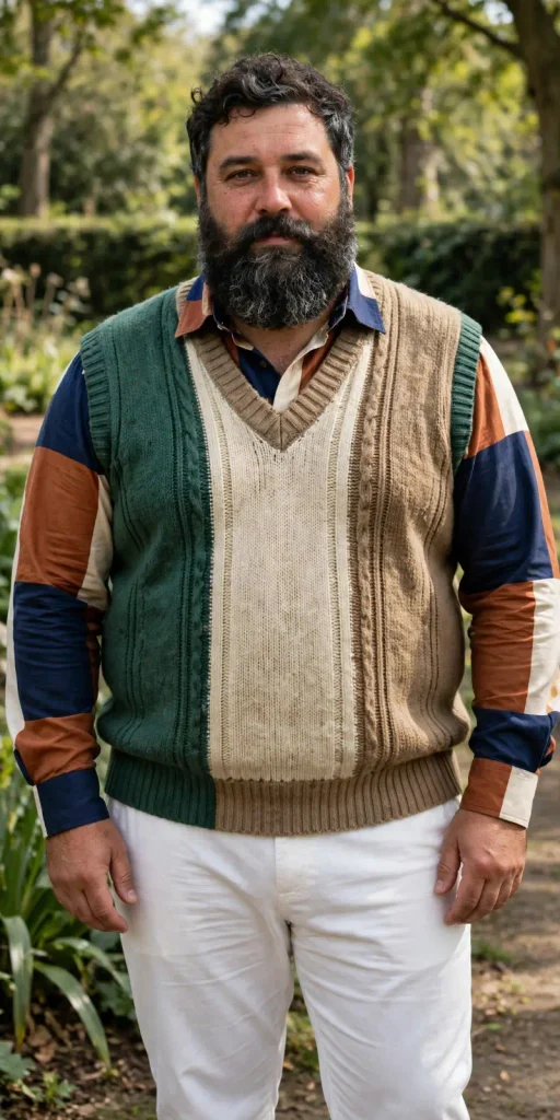 Multi Textured V Neck Vest and White Trousers