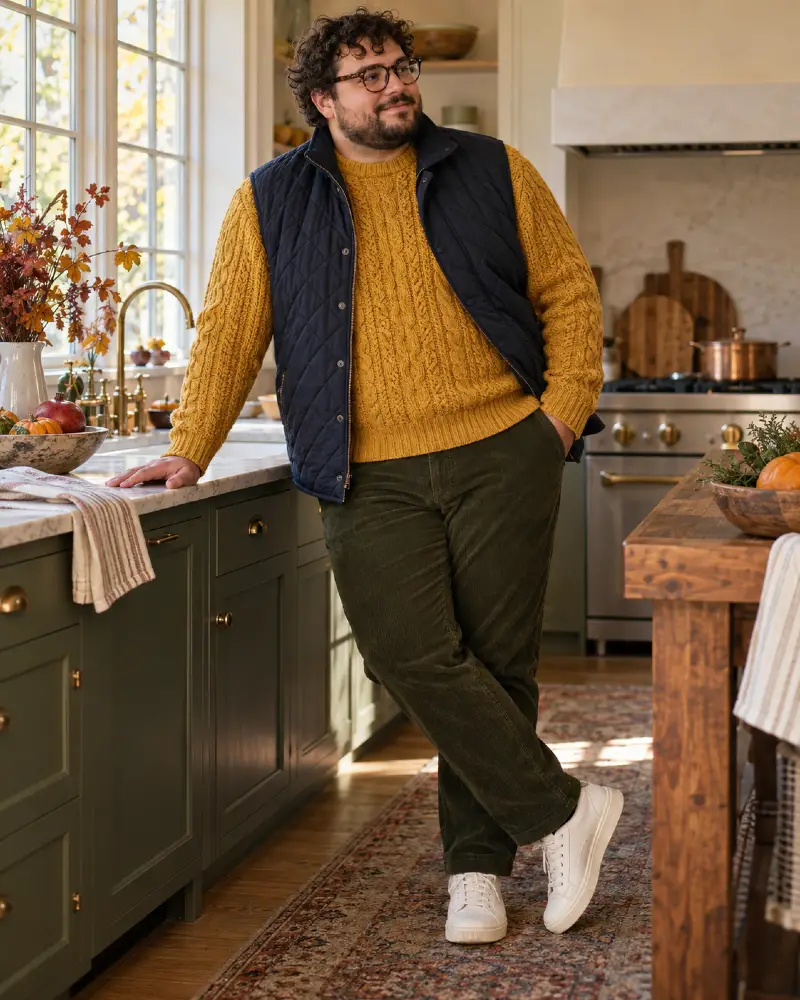 Mustard Cable Knit and Navy Quilted Vest