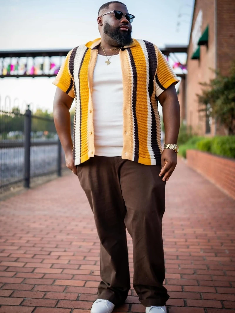 Mustard Striped Knit Shirt, White Tank Top, Brown Trousers and White Sneakers
