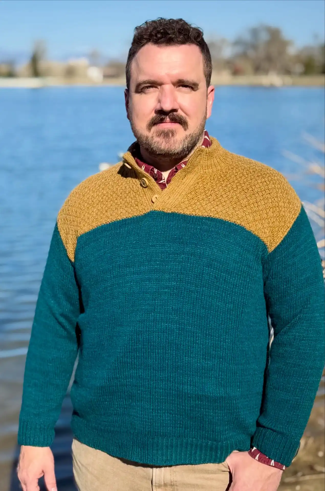 Mustard and Teal Color blocked Button-Collar Sweater