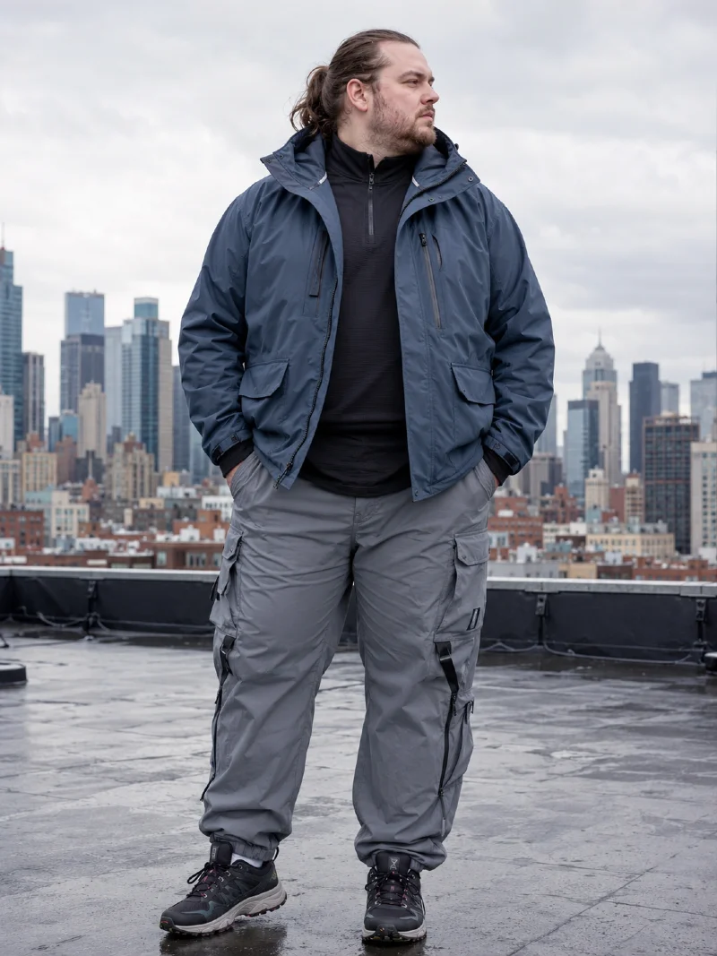 Muted Blue Hooded Jacket and Quarter-Zip Pullover with Grey Cargo Pants