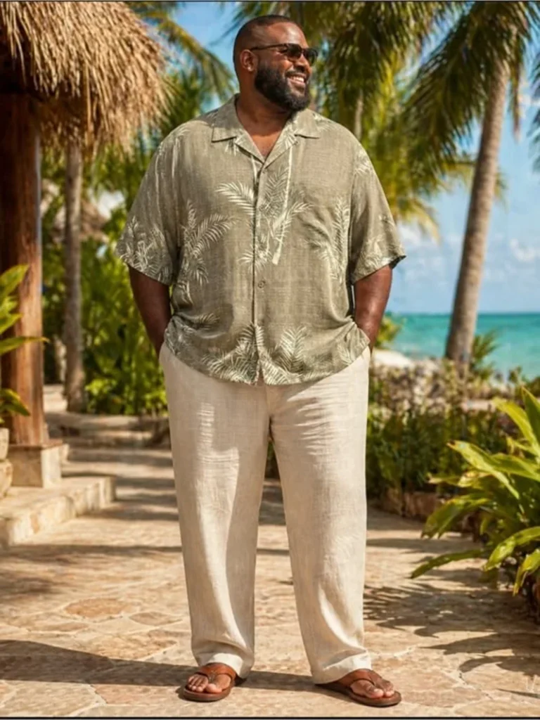 Muted Palm Prints and Flowing Linen Trousers