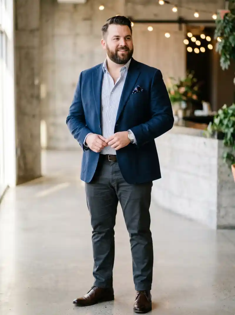 Navy Blazer, Striped Shirt, and Grey Chinos