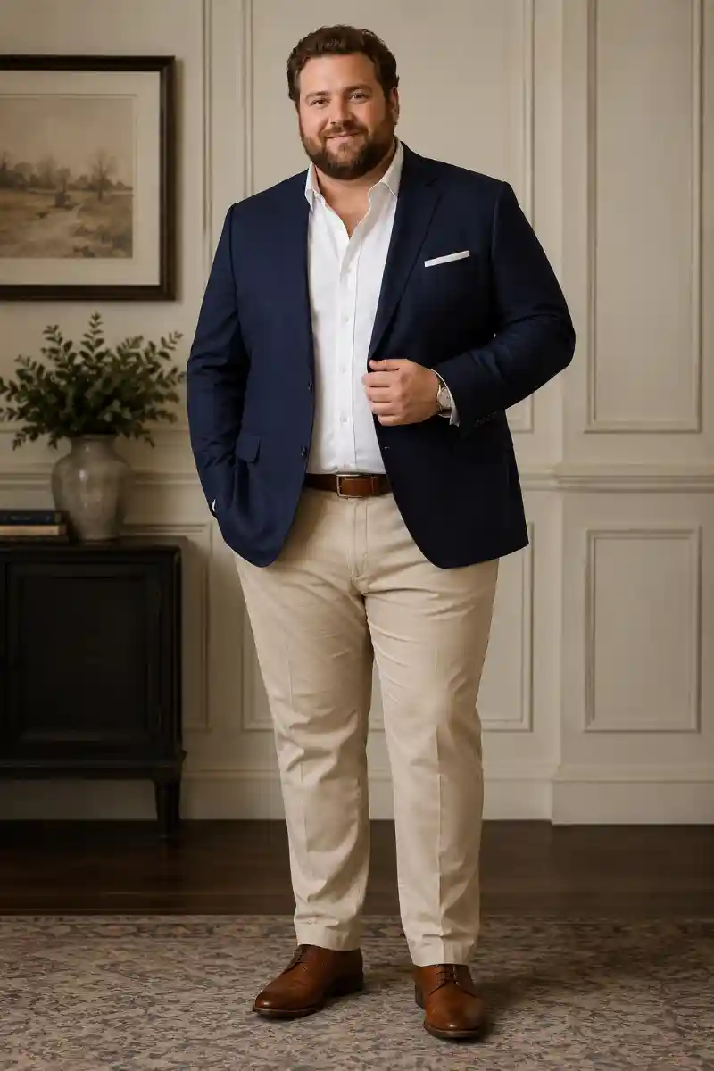 Navy Blazer, White Shirt, and Khaki Trousers