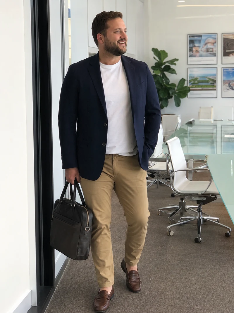 Navy Blazer, White T-Shirt, and Khaki Pants