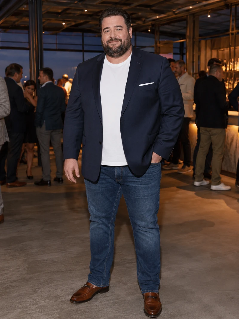 Navy Blazer, White T-Shirt, and Medium Wash Jeans