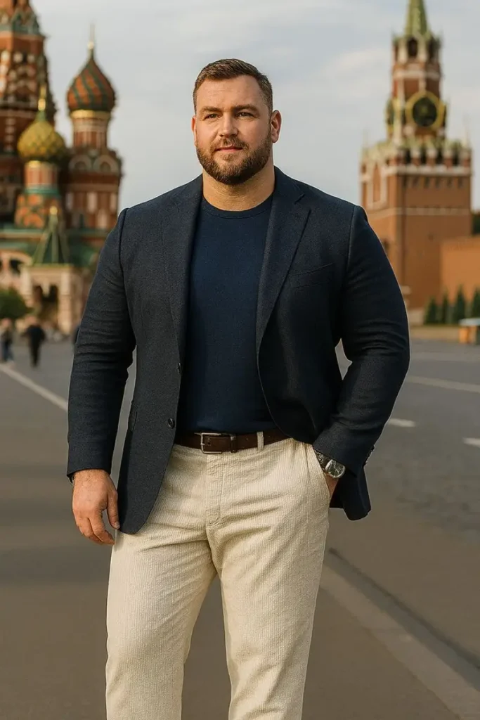 Navy Blazer and Tonal Crewneck With Light Trousers