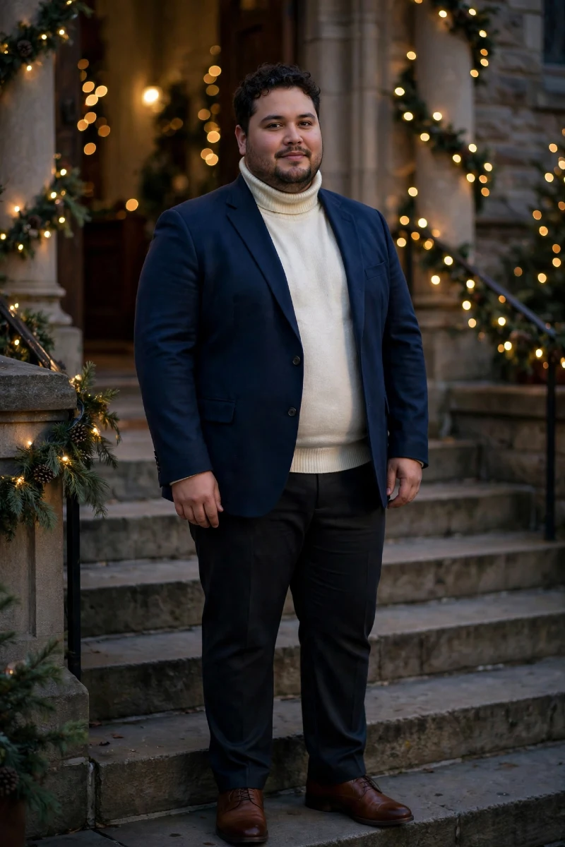 Navy Blazer with Cream Turtleneck Sweater, Dark Charcoal Trousers, and Brown Leather Dress Shoes