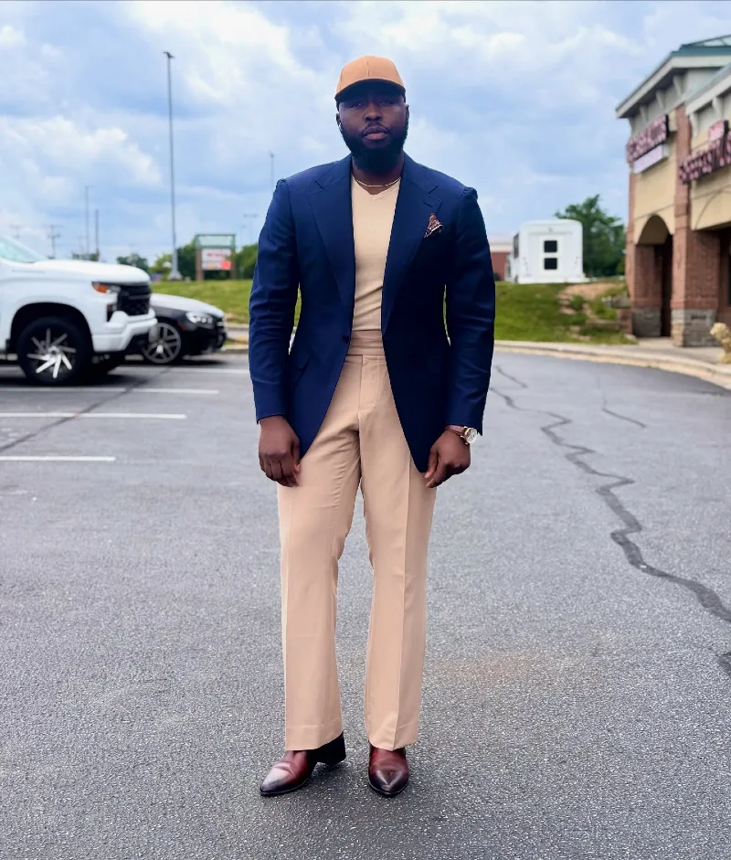 Navy Blue Blazer and Tan Trousers with a Matching V-Neck Shirt