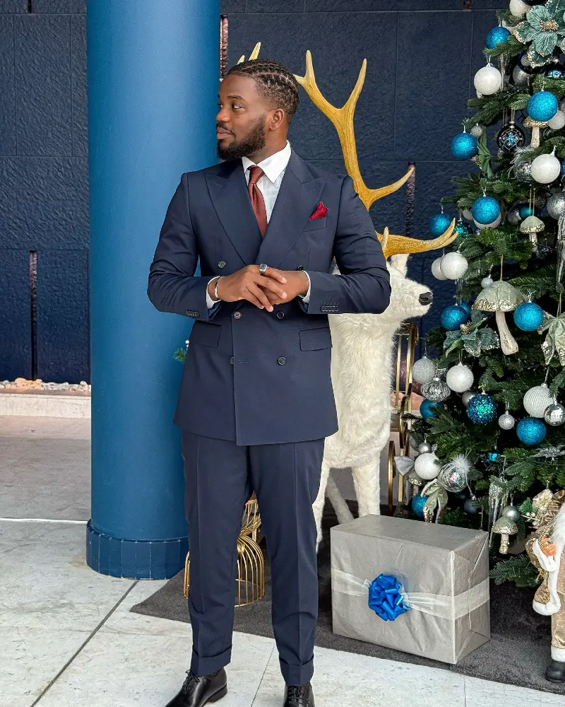 Navy Blue Double-Breasted Suit with White Shirt and Red Tie