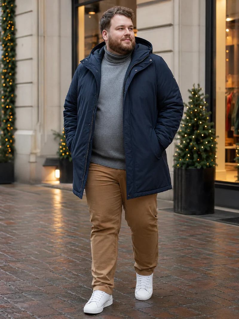 Navy Blue Parka Jacket with Grey Turtleneck Sweater and Tan Pants