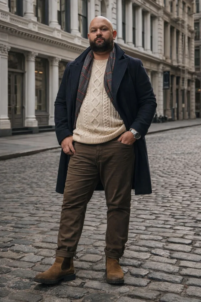 Navy Blue Peacoat with Off-White Cable Knit Sweater and Brown Pants