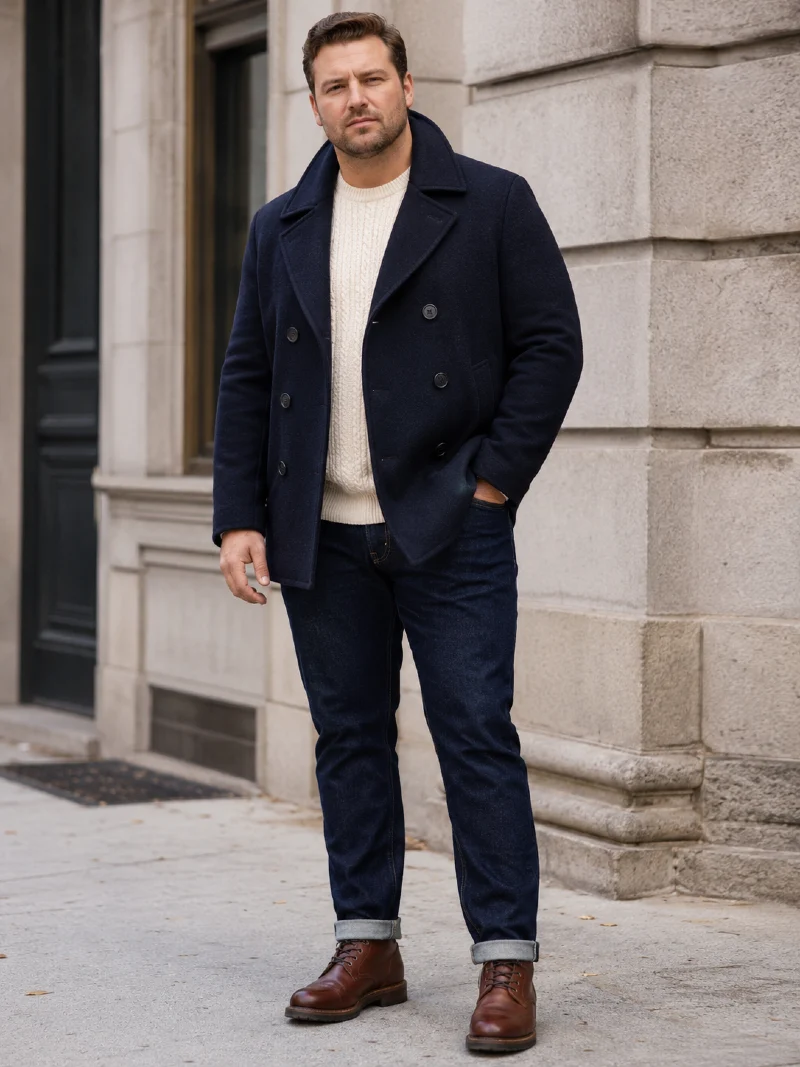 Navy Blue Peacoat with Off-White Knit Sweater and Dark Blue Jeans