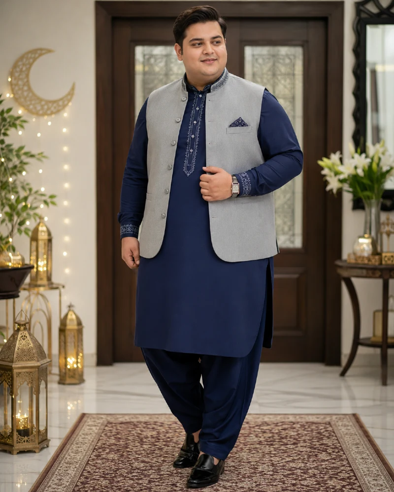 Navy Blue Shalwar Kameez with Grey Waistcoat