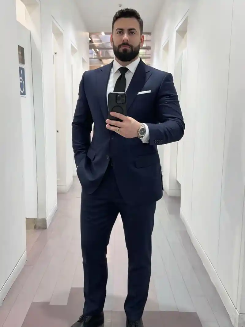 Navy Blue Suit, White Dress Shirt, and Black Tie