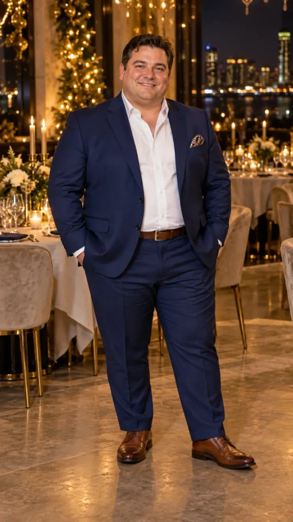 Navy Blue Tailoring and Warm Leather Accents