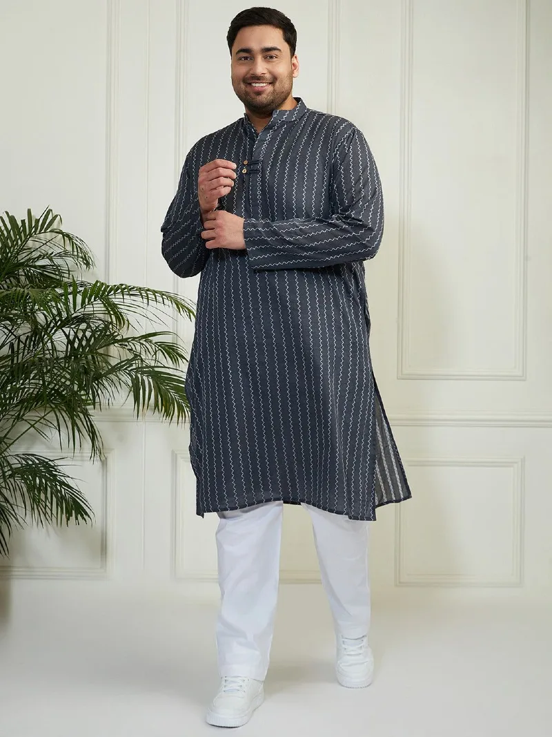 Navy Blue Vertical Striped Kurta with White Trousers