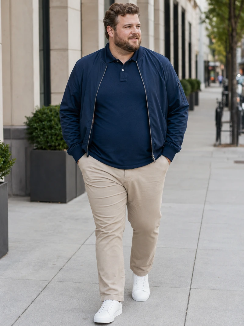 Navy Bomber Jacket & Beige Chinos
