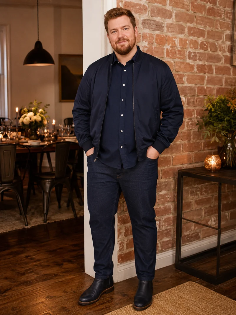 Navy Bomber Jacket, Button-Down Shirt, and Dark Jeans