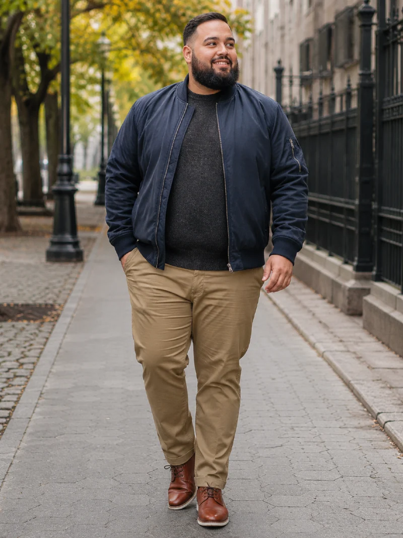 Navy Bomber Jacket, Grey Sweater, and Khaki Pants