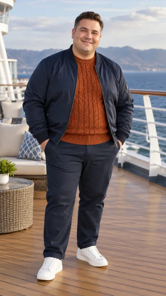 Navy Bomber Jacket and Rust Cable Knit