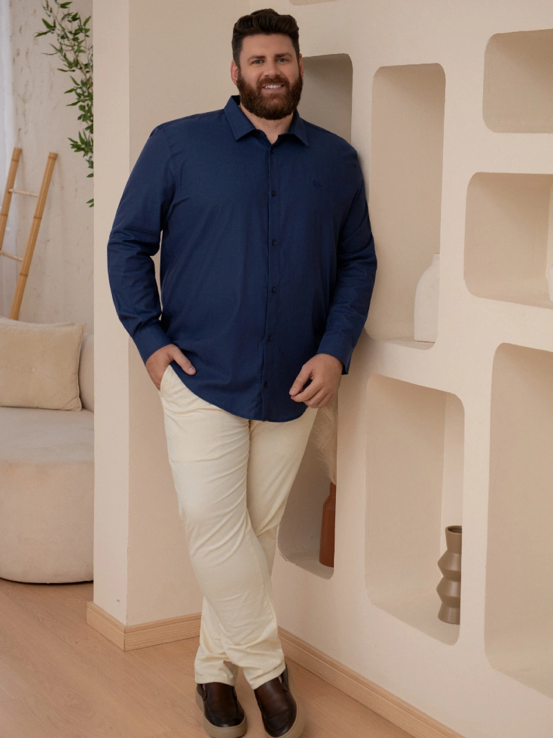 Navy Button-Up With Cream Trousers and Brown Shoes