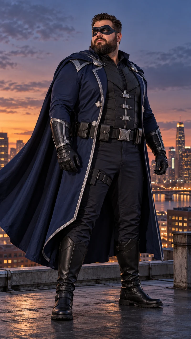 Navy Cape, Black Tactical Vest & Knee-High Boots