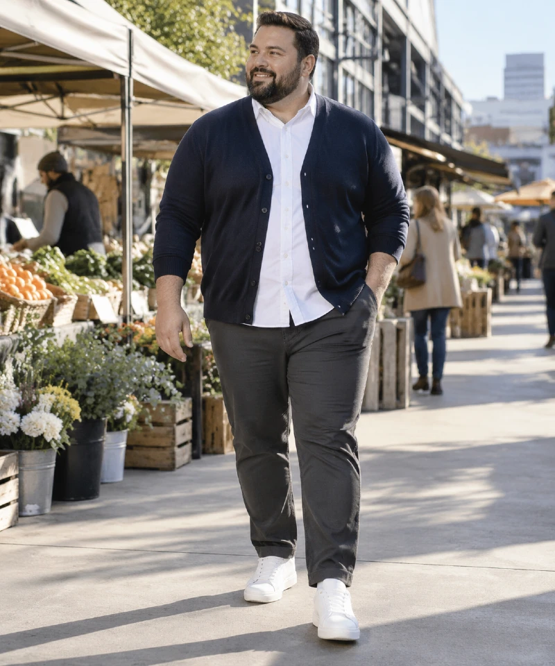 Navy Cardigan with White Button-Up Shirt, Gray Pants