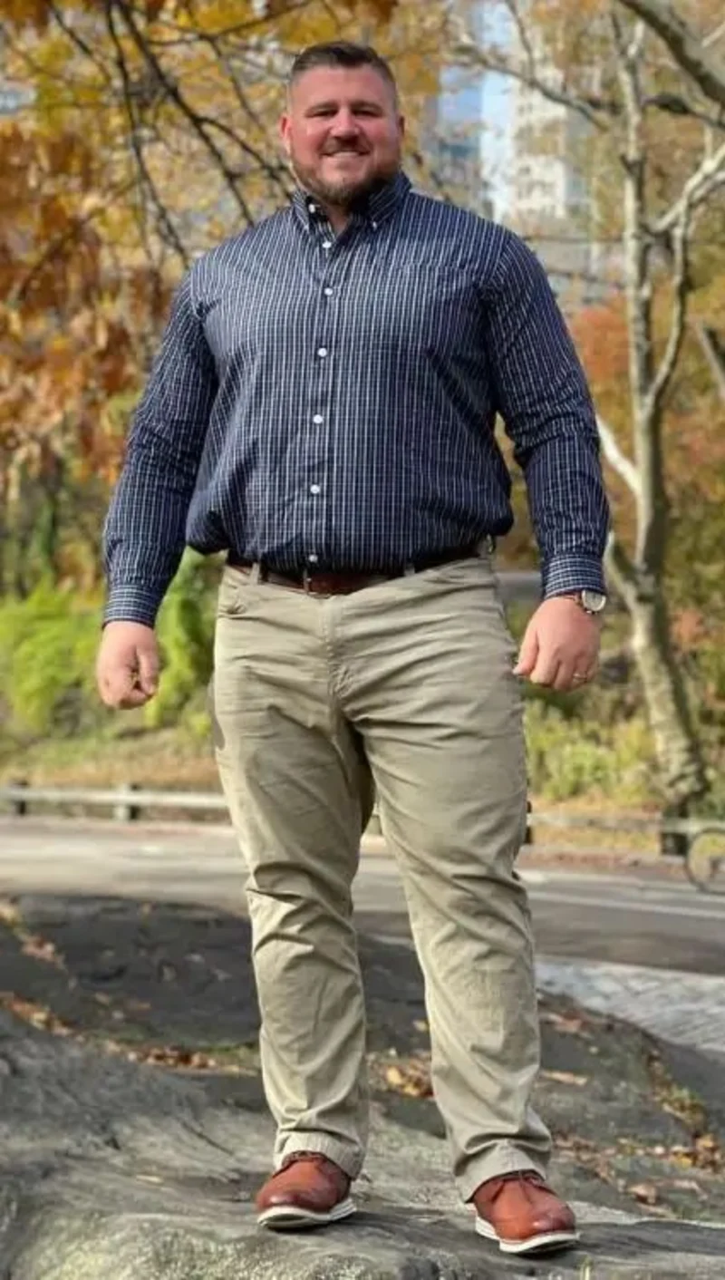 Navy Check Shirt With Khaki Trousers