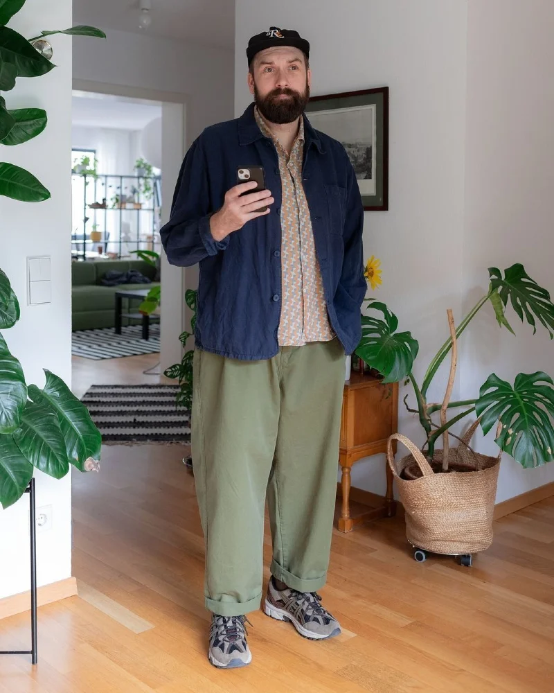 Navy Chore Jacket and Olive Wide-Leg Trousers