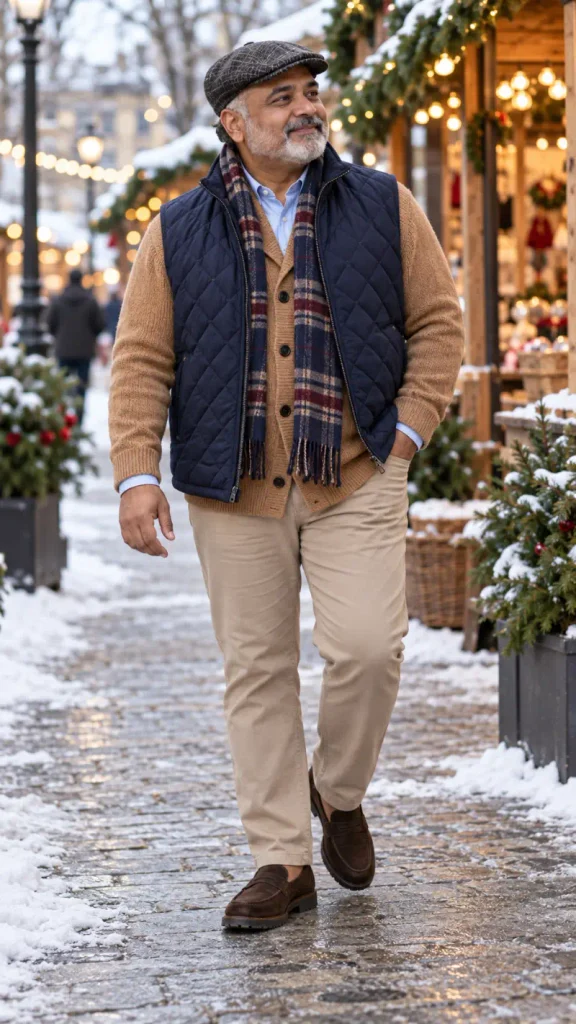 Navy Diamond Quilted Vest and Camel Cardigan