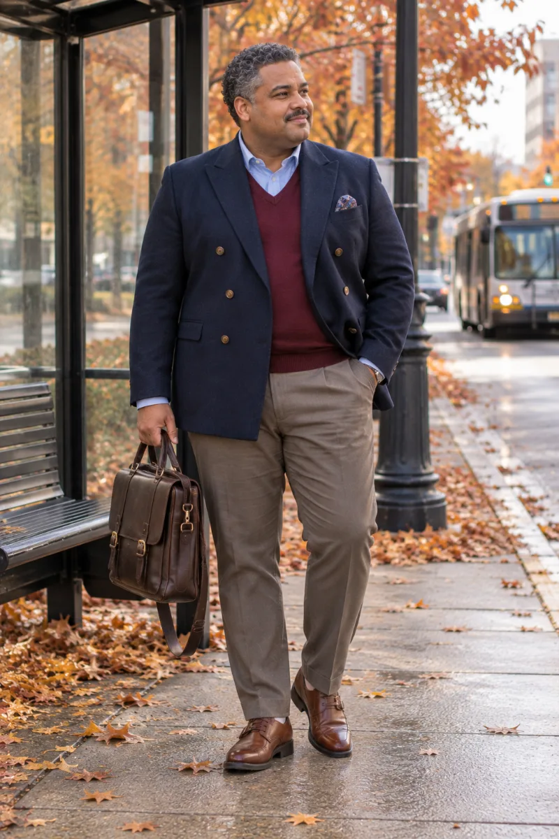 Navy Double-Breasted Blazer With Burgundy Sweater and Taupe Trousers