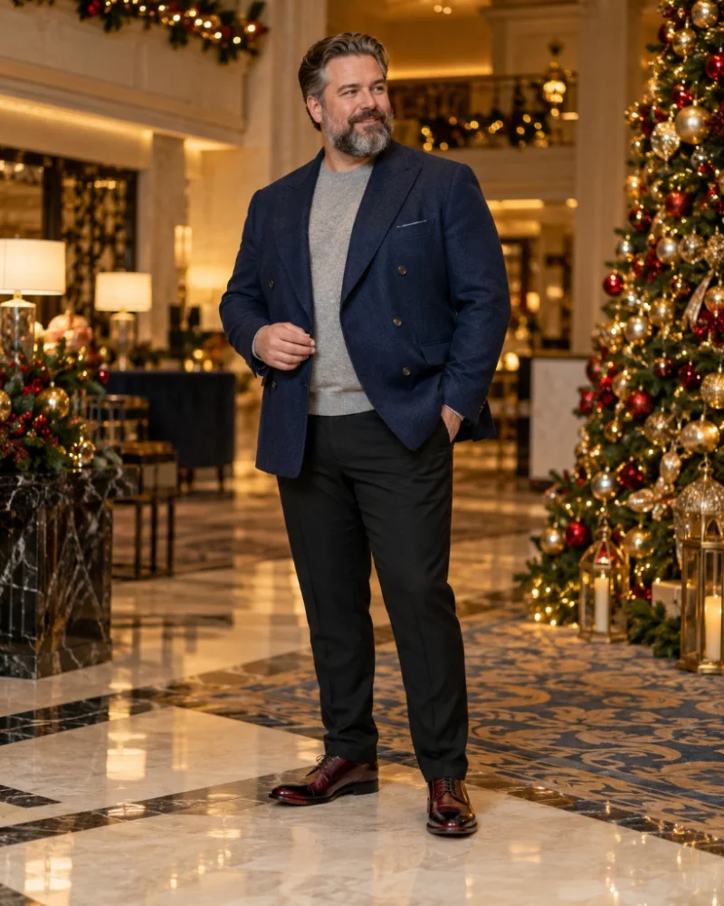 Navy Double-Breasted Blazer with Gray Crewneck Sweater, Black Trousers, and Burgundy Dress Shoes